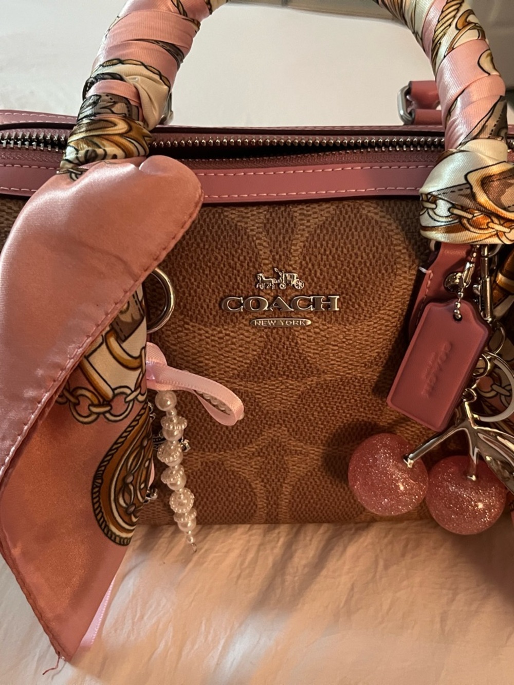 Coach Brown Canvas Satchel with Pink Accents